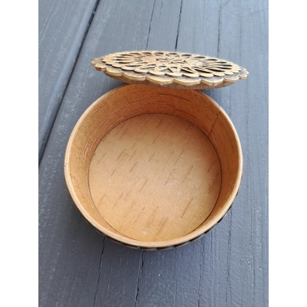 Russian Decorative Birch Bark Trinket Box Round Small 3.0 Inches
